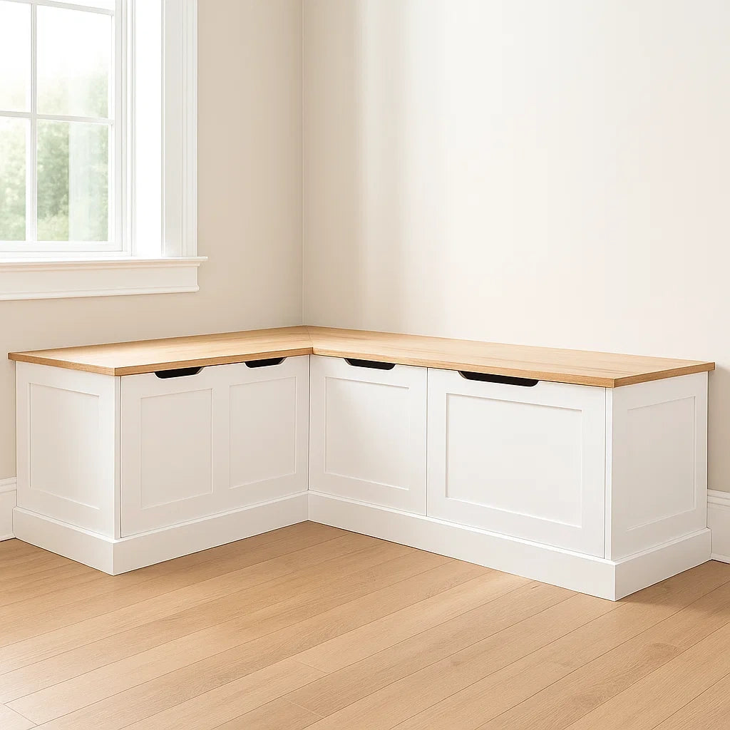 Banc d'angle de rangement blanc en bois de pin 150cm x 35cm x 45cm(Blanc/Bois clair)