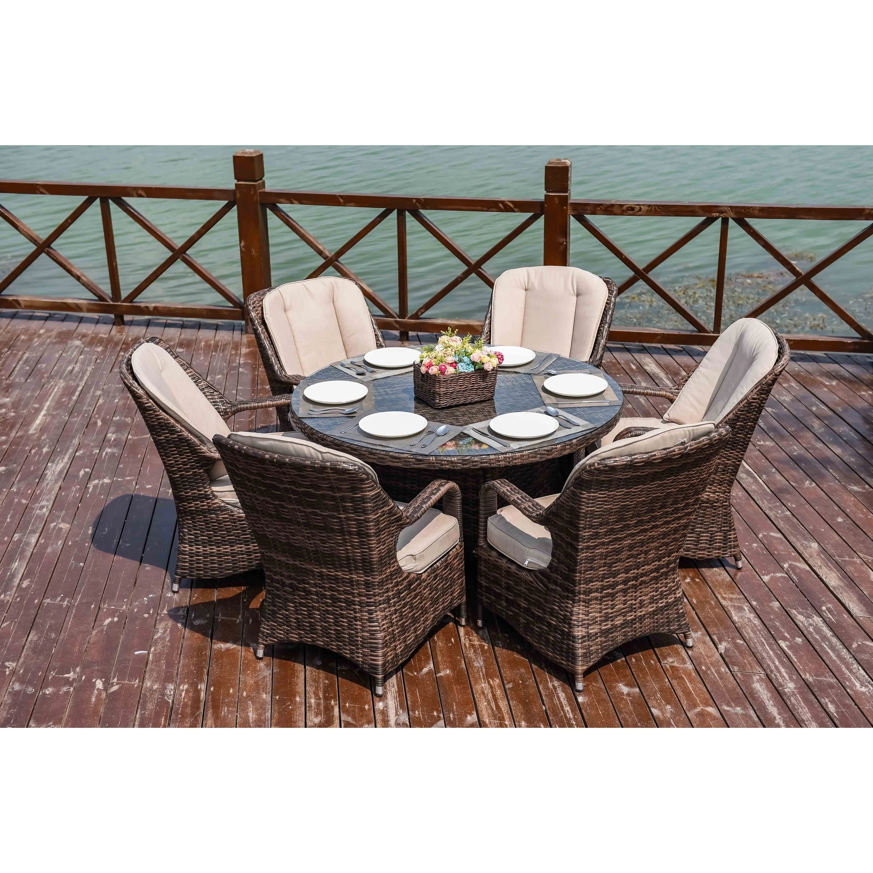 7 Pieces Outdoor Rattan Wicker Patio Round Dining Set with Cushions by Moda Furnishings(Brown)