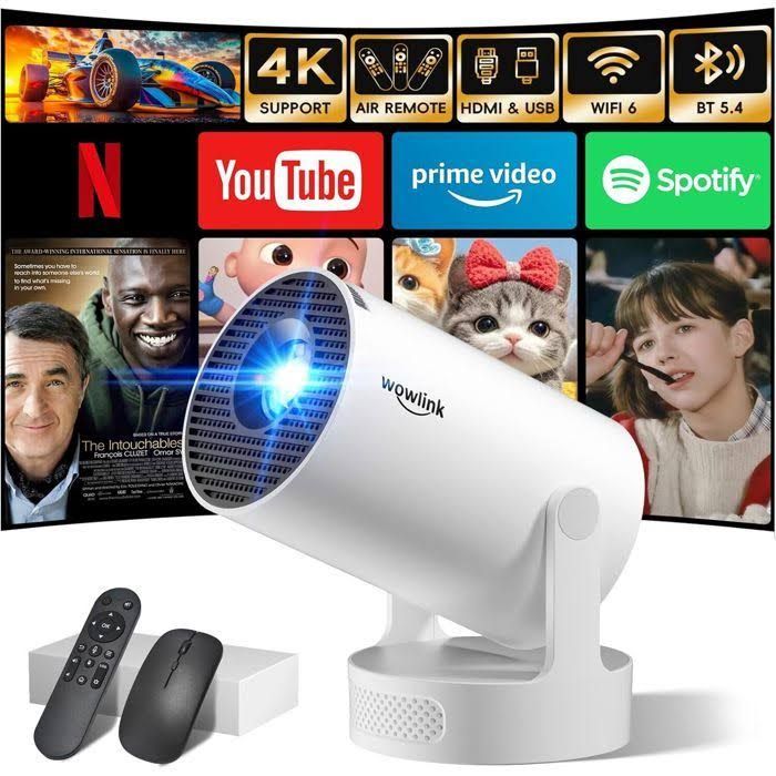 Aimiuvei Videoprojecteur, Full Hd 1080P, Support 4K, Mini projecteur Portable Dual Contrôle avec Souris, Wifi 6 Bt5, Hdmi/Tv, Blanc(Blanc)