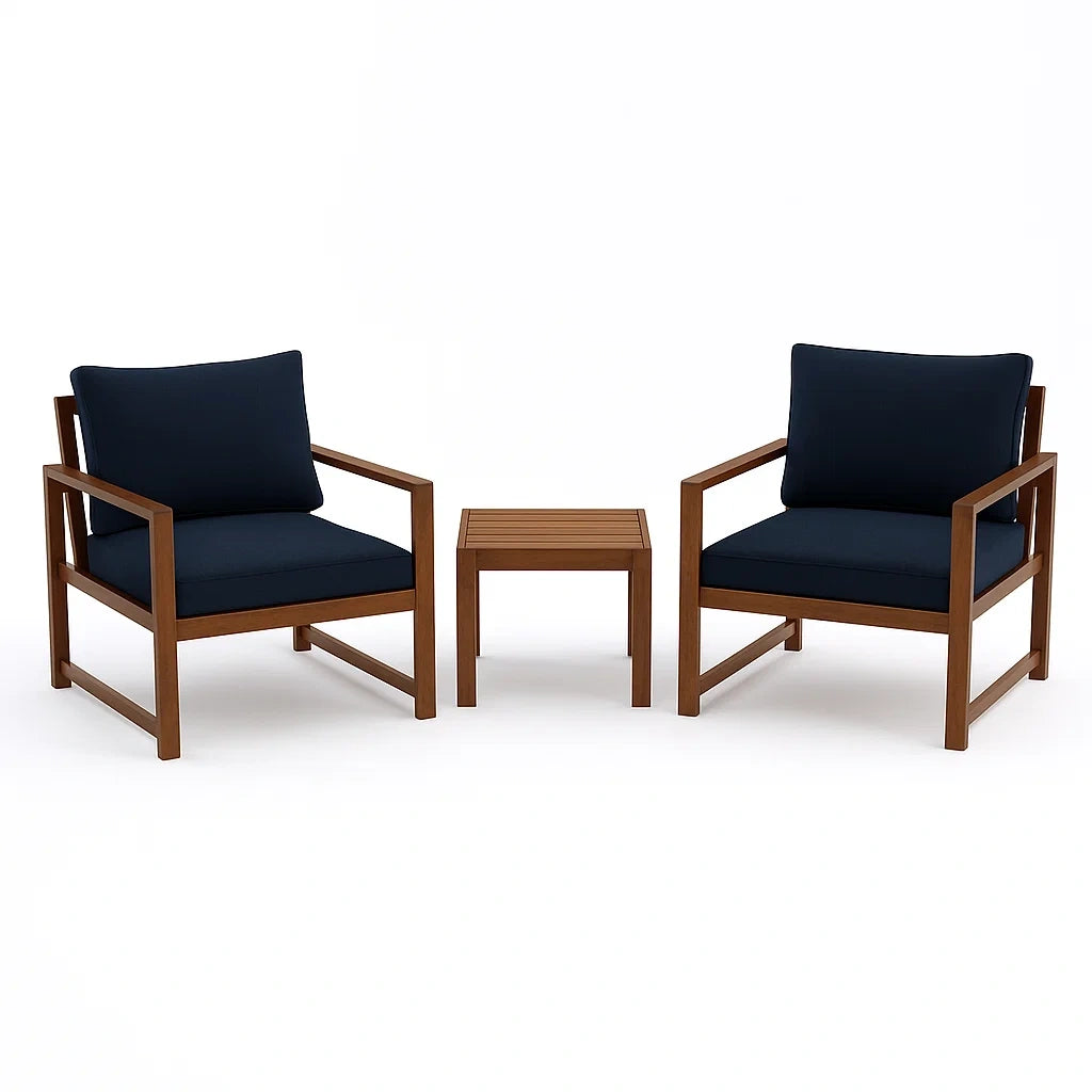 Ensemble de mobilier de jardin 3 pièces en bois avec coussins bleus(Bleu/Marron)