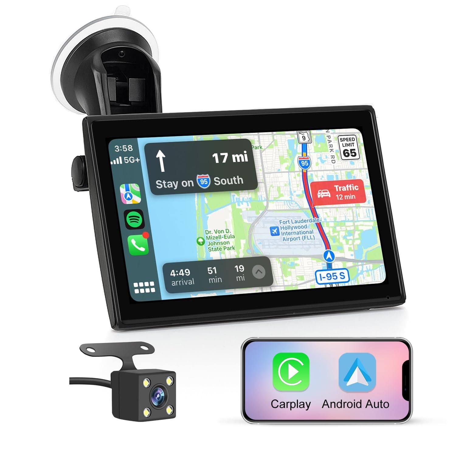 Hexinex Carplay Voiture avec Carplay sans Fil Android Auto,7 Pouces Ecran Tactile, avec Bluetooth/GPS/FM/AUX/Lien Miroir/Caméra de recul(Noir)