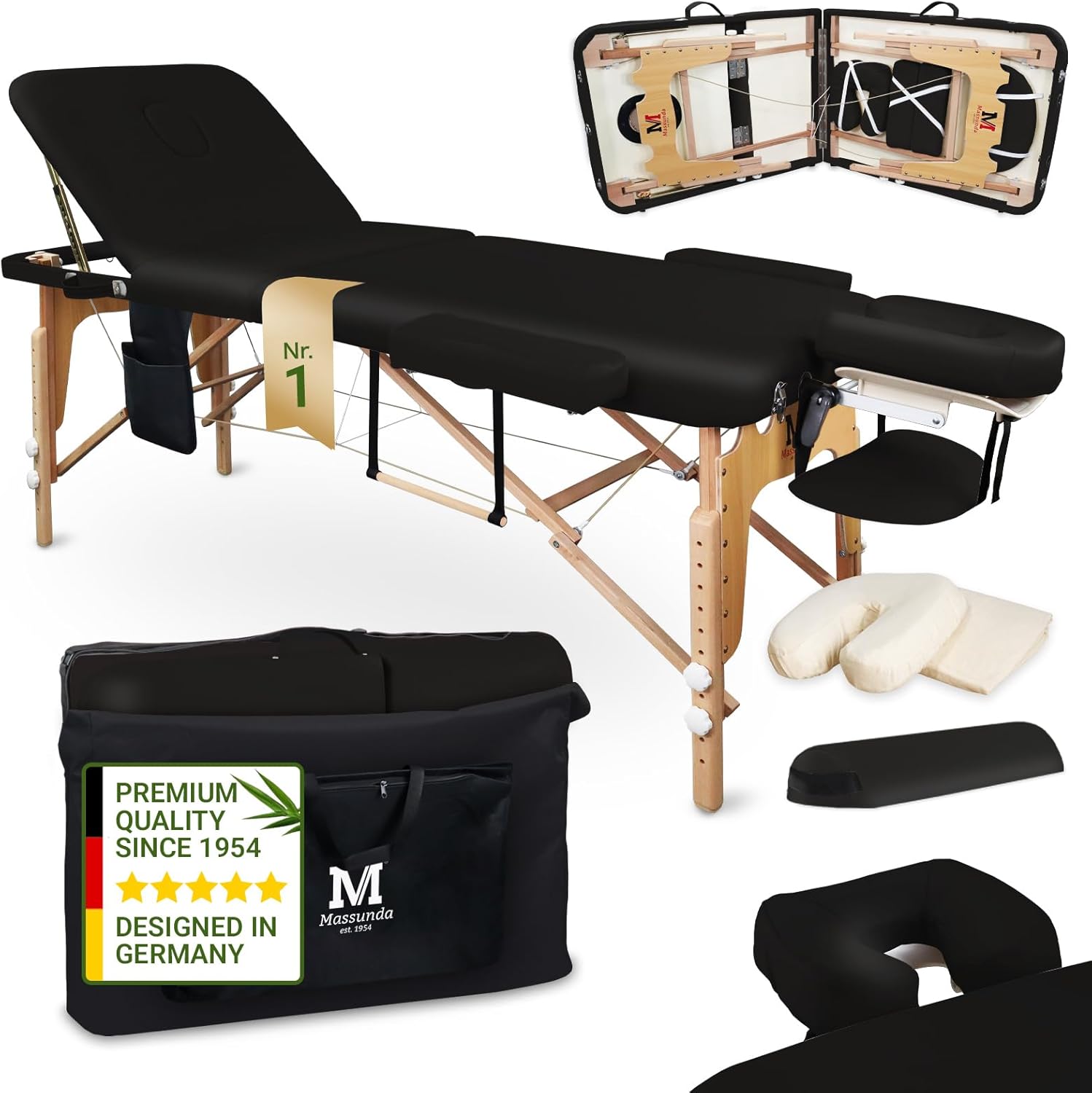 MASSUNDA All INKL Chaise de Massage Pliante et réglable en Hauteur – Table de Massage Mobile en Bois Massif avec Housse en éponge, accoudoirs et dossiers, appuie-tête Ergonomique (Noir)(65 x/Bordeaux)