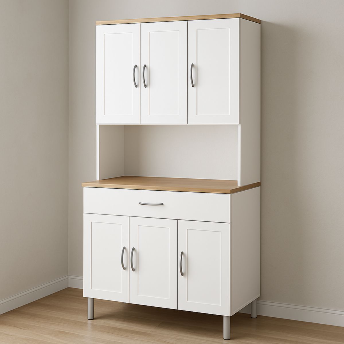 Buffet de cuisine en bois aggloméré/acier blanc 200cm(Blanc/Bois clair)
