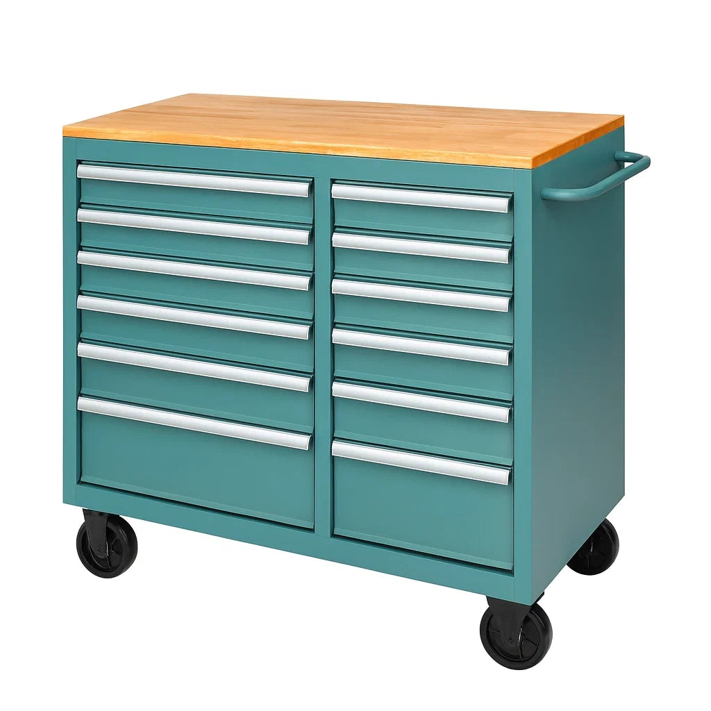 Servante à outils en métal avec 12 tiroirs et plateau en bois(Vert)