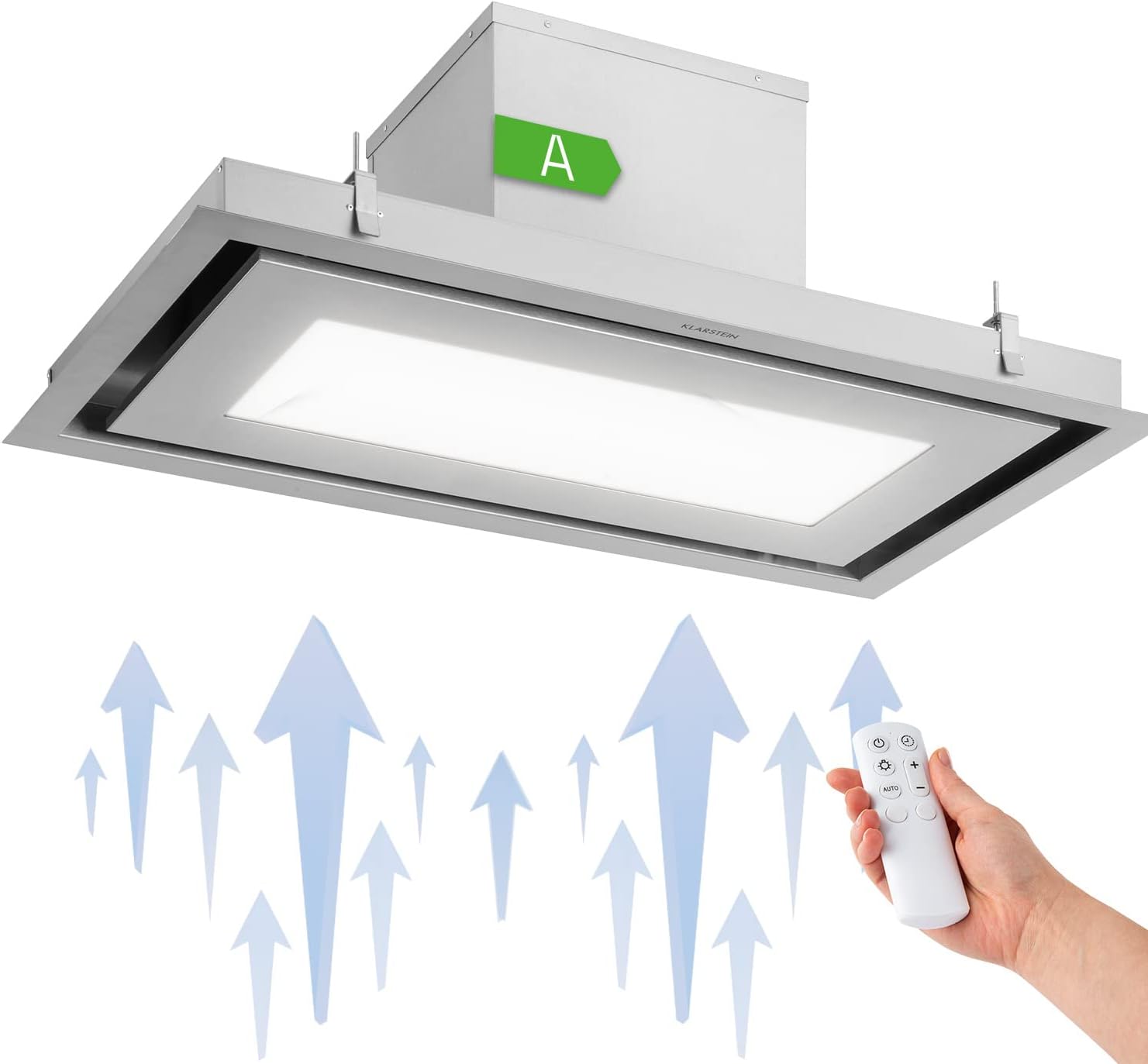 Klarstein Remy Brilliant Edition - Hotte îlot, 618 m³/h, 230 W, télécommande, lampe LED: 3 niveaux de luminosité jusqu'à 6500 Kelvin, filtre à graisse, extraction et recyclage d'air - 90 cm, argent(Argent)