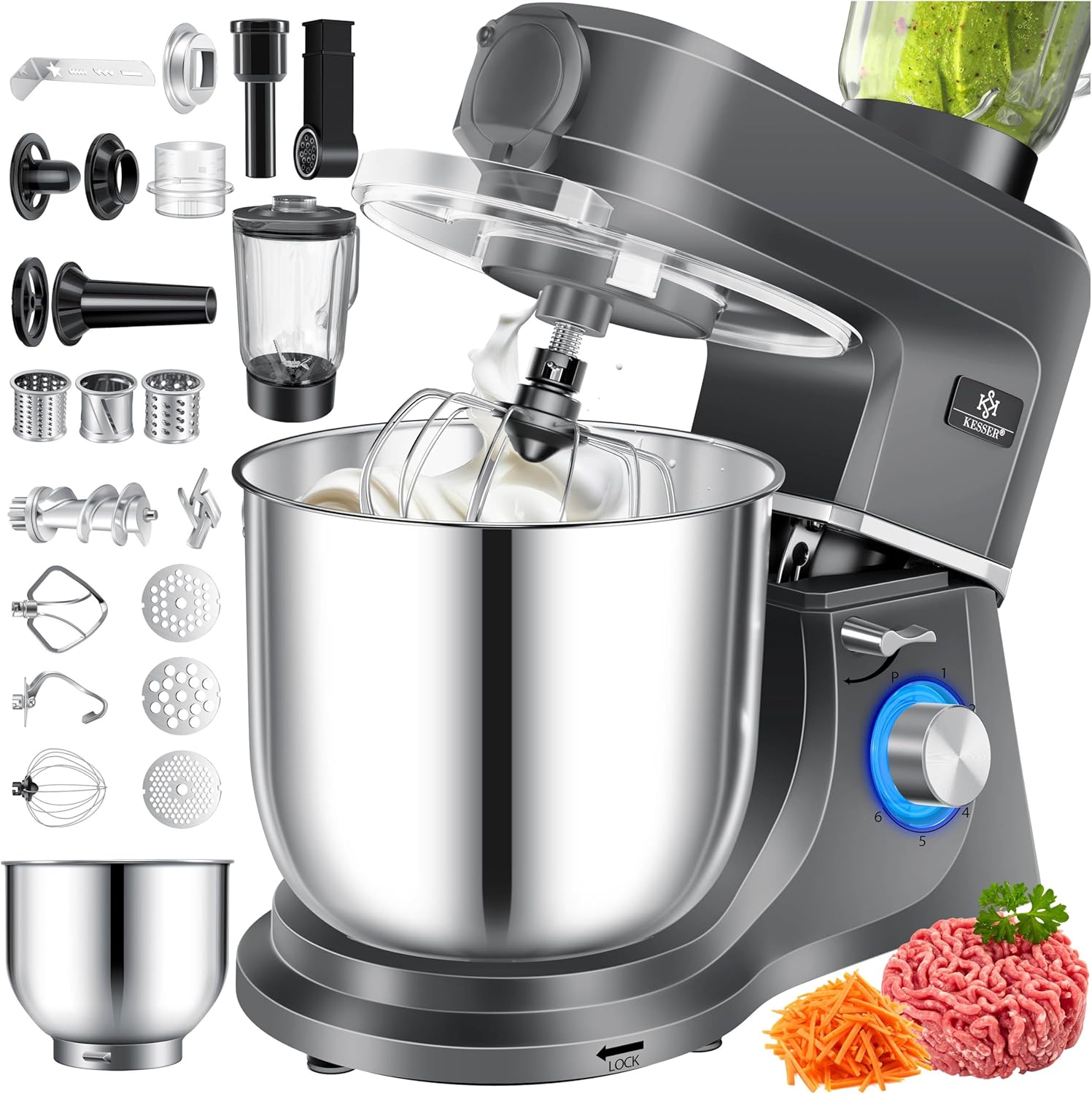KESSER Robot de cuisine universel 3 en 1 K-KM 3000 avec hachoir à viande, pétrisseur, mélangeur multifonction, bol de 5,5 l avec 3 outils mélangeurs, presse-agrumes 1,5 l, kit d'accessoires, pâtes et(Argent/Noir)