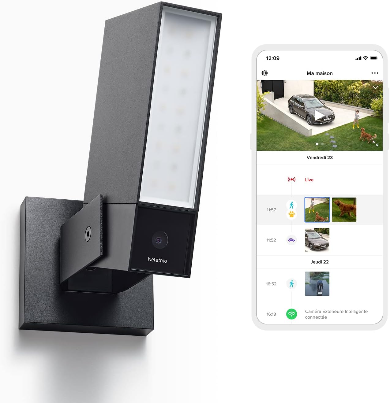 Netatmo Caméra de Surveillance Extérieure Connectée Intelligente avec Éclairage Intégré 12W, Détection des Personnes/Animaux/Véhicules, Vidéo HD 1080p 4MP, Vision Nocturne IR, Stockage Local, NOC-AMZ(Noir)