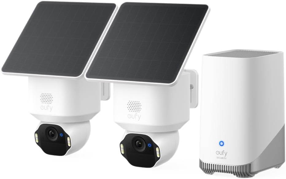 eufy Security Kit de 2 caméras SoloCam E42 (HomeBase S380), caméra Solaire 4K sans Fil pour Dehors, Suivi IA, Stroboscope,Camera Surveillance WiFi, Reconnaissance faciale,Stockage Local Jusqu’à 14 TB(White)
