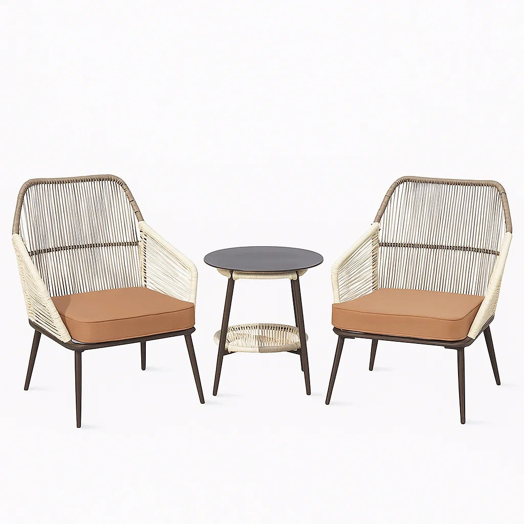 Ensemble de mobilier de jardin en rotin avec structure en acier marron et coussins crème(Marron/Crème)