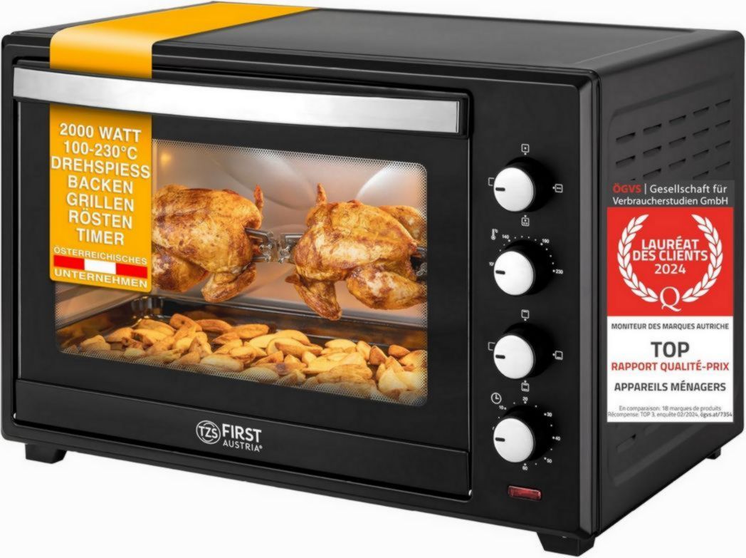 Mini four TZS First Austria 60 l I 2000 WI Convection + Rôtissoire I 4 éléments chauffants I Plage de température jusqu'à 230 °C Minuterie de 60 min I Acier inoxydable I Noir