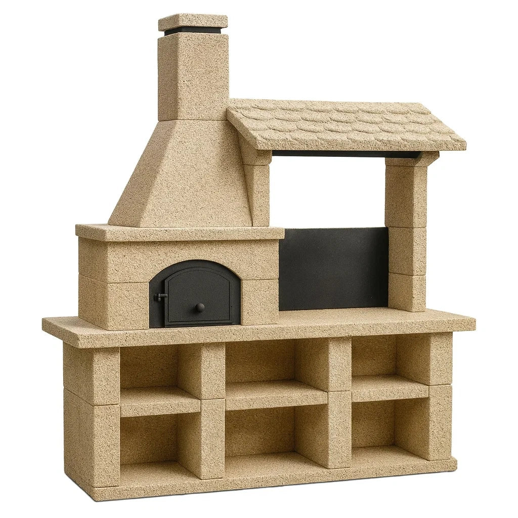 Barbecue beige avec cheminée et rangement(Beige)