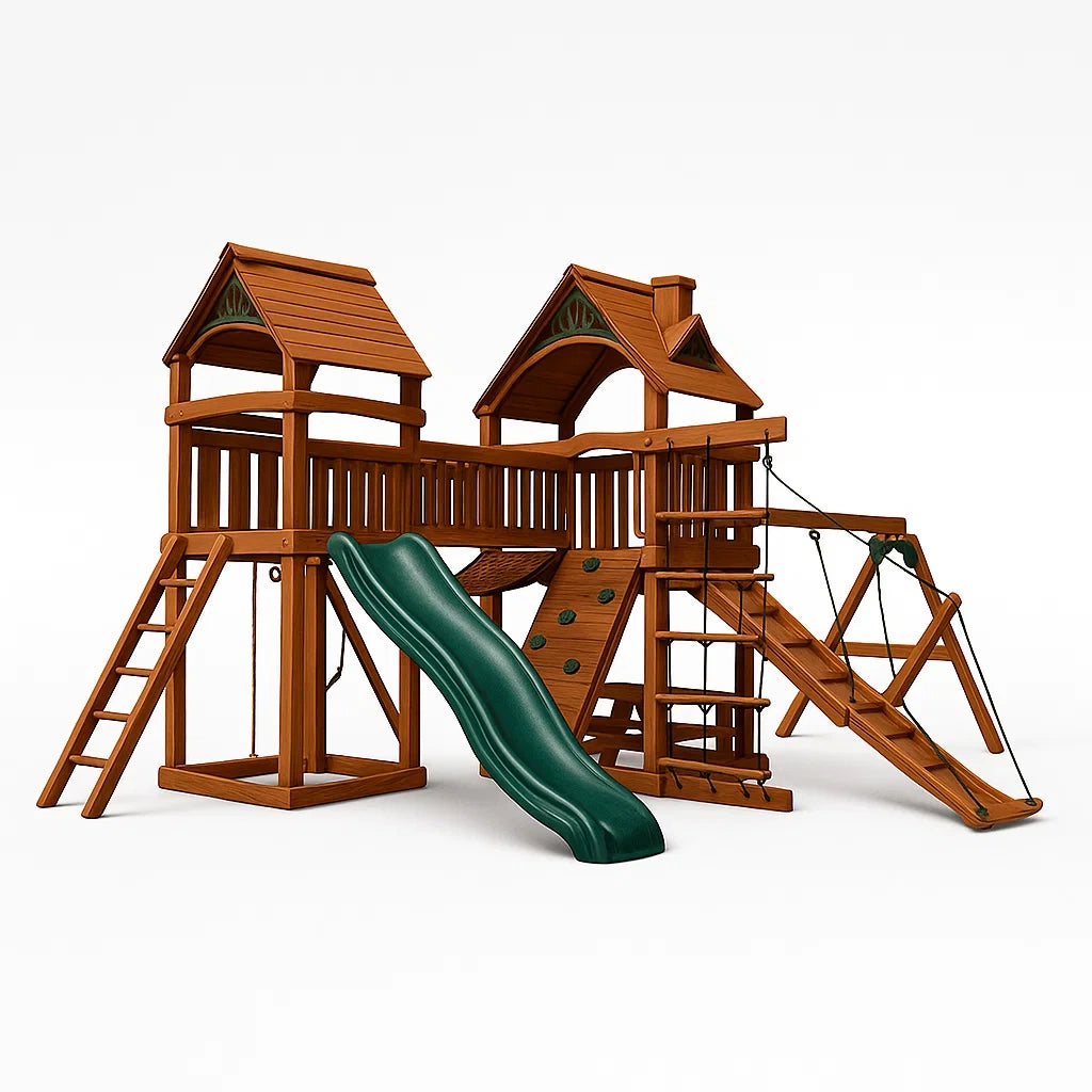 Espace de jeux en bois avec toboggan vert(Bois/Vert)